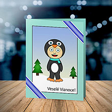 Papiernictvo - Vianočná pohľadnica detské kostýmy - tučniak (zimná krajinka) - 16111453_