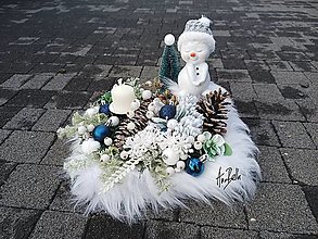 Dekorácie - Vianočný modrý svietnik so snehuliačikom - 16117128_
