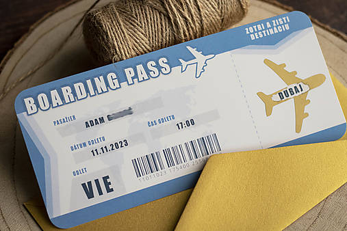 Papiernictvo - Stierací žreb "Letenka / Boarding Pass" - modrá (Oznámenie 20x9cm) - 16120253_