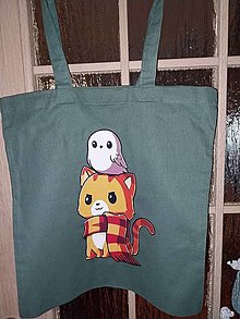 Nákupné tašky - Tenšia nákupná bavlnená taška s dlhými ušami (Šedo zelená - Harry Cat) - 16124496_