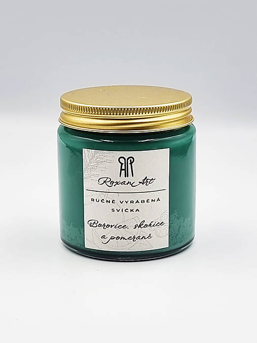Sviečky - Borovica, škorica a pomaranč- sójová sviečka v skle so zlatým viečkom, 120 ml - 16127102_
