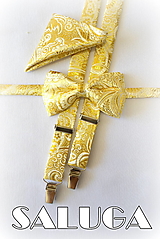 Pánske doplnky - Pánsky zlatý svadobný set - motýlik traky a vreckovka - 16137694_