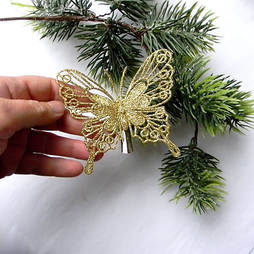 Vianočný zlatý motýľ - štipec - 9,5cmx8cm - 1ks