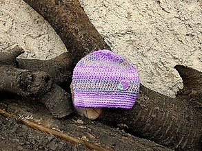 Čiapky, čelenky, klobúky - Čepice háčkovaná melírovaná fialová, šedá a béžová - 16142061_