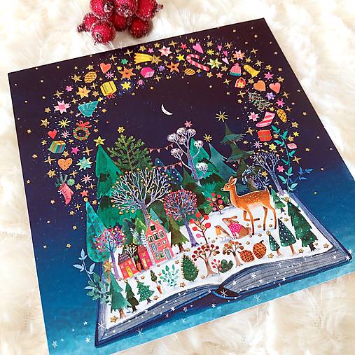 Kúzelné knižné Vianoce - pohľadnica zdobená glitrami