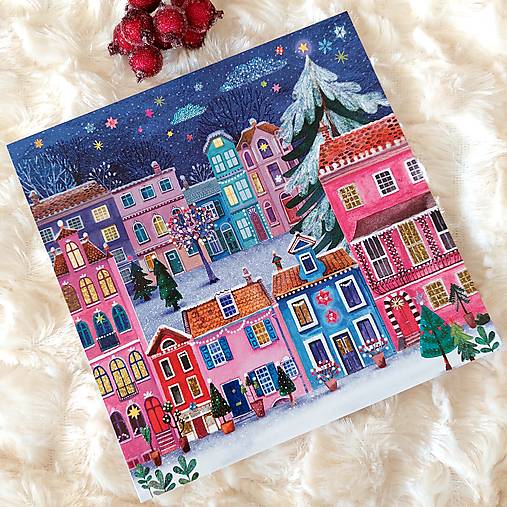 Vianočné mestečko - pohľadnica zdobená glitrami