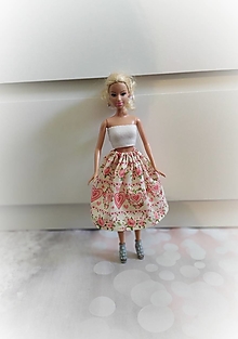 Hračky - Sukňa na gumičku pre bábiku Barbie (Marhuľková s lístkami) - 16143550_