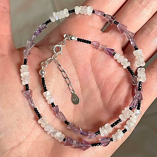 Luxury Natural Moonstone Amethyst Necklace AG925 / Náhrdelník prírodný ametyst mesačný kameň A101