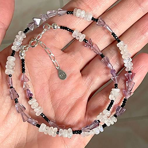 Luxury Natural Moonstone Amethyst Necklace AG925 / Náhrdelník prírodný ametyst mesačný kameň A101