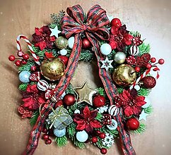 Dekorácie - vianočný veniec na dvere červený s károvanou mašľou - 16149971_