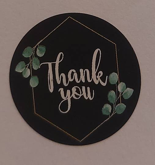 Papier - Čierna nálepka thank you so zelenými listami - 16156112_