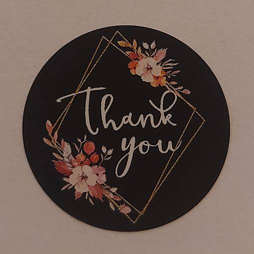 Papier - Čierna nálepka thank you s kvietkami - 16156123_