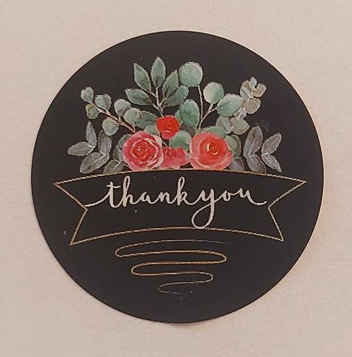 Papier - Čierna nálepka thank you s ružami a listami - 16156151_