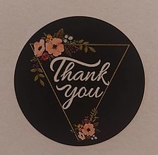 Papier - Čierna nálepka thank you s kvetinami v trojuholníku - 16156136_