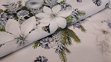 Textil - Vianočná bavlna,,vianočné ruže a ozdoby- bielošedé" - 16162394_