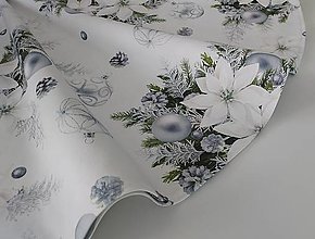 Úžitkový textil - Vianočný okrúhly obrus,,vianočné ruže a ozdoby bielo- šedé" - 16162420_