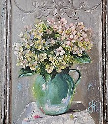 Obrazy - Obraz "Zelené hortenzie"- rozmer 31x36 cm, olejomaľba - 16162606_