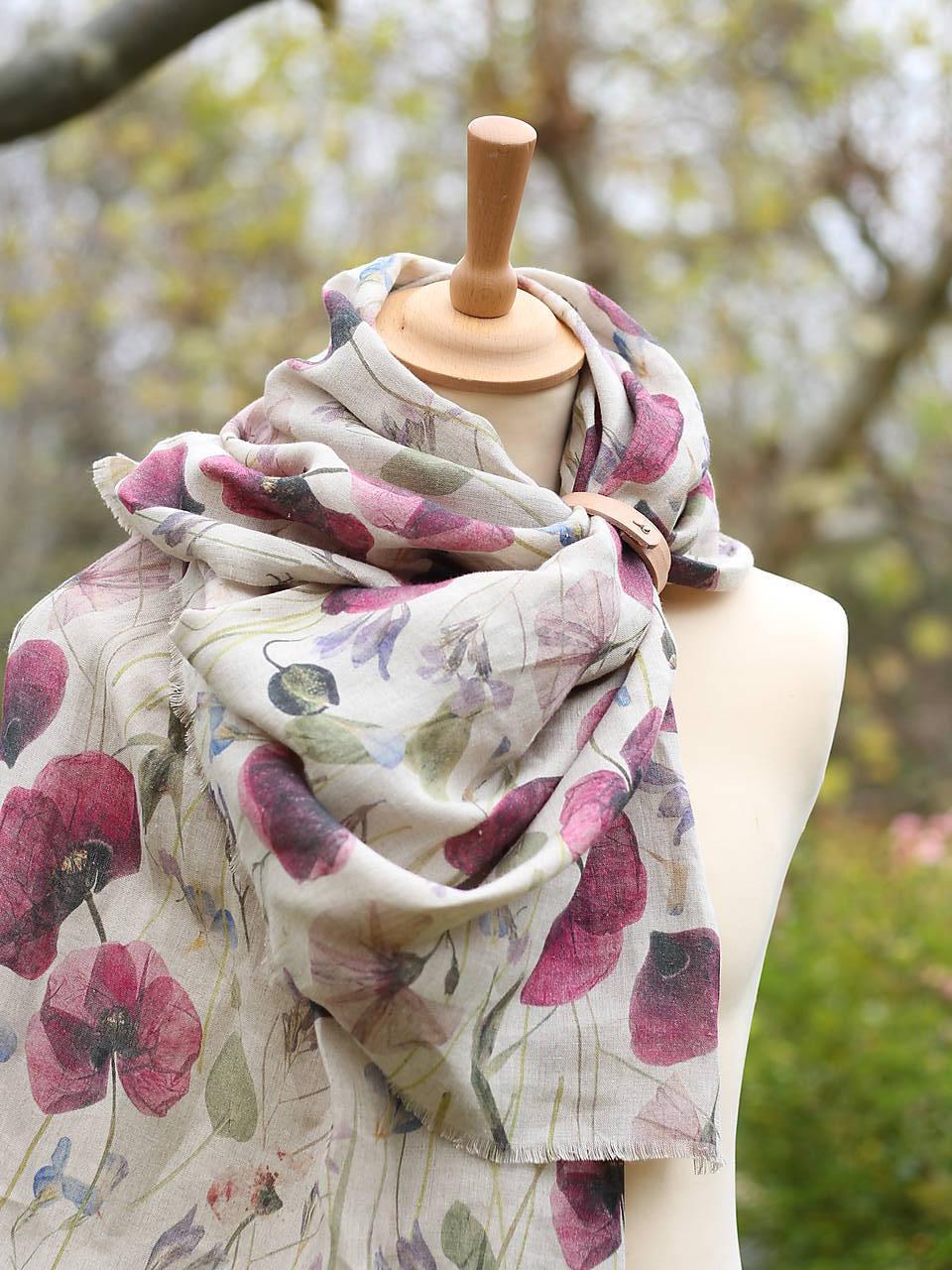 Veľká dámska šatka z exkluzívneho premium kvetinového 100% ľanu "Vlčie maky"