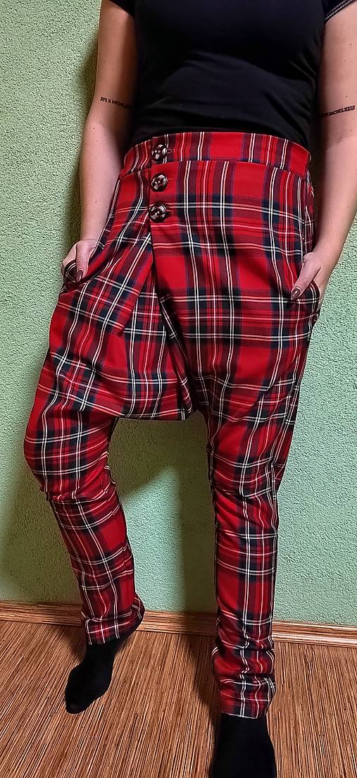 Nohavice - Kalhoty - Harémky - červená kostka - 16167438_