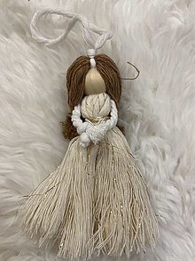 Dekorácie - Vianočný makramé anjel - 12 cm (Tmavohnedé vlasy, bielo-zlaté šaty) - 16175758_