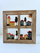 Obrazy - Drevený obraz v tvare okna s domčekmi a stromami - 16174158_