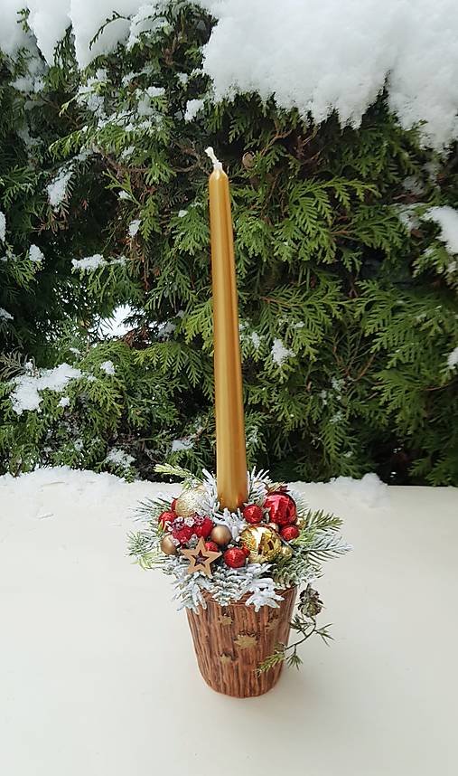 Dekorácie - adventný svietnik červeno-zlatý s kónickou sviečkou 38 cm - 16179966_