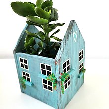 Nádoby - Drevený obal na kvetináč v tvare domčeka (Modrá) - 16179513_