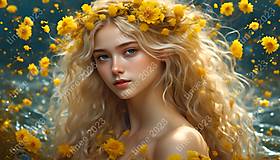 Grafika - portrét: dievča so žltými kvetmi - 16181696_