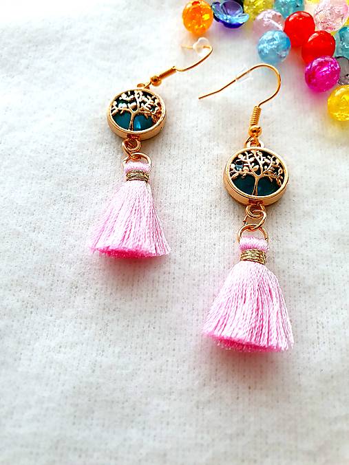 Náušnice - Visiace náušnice Strom života s farebnými strapcami (Ružová) - 16181454_