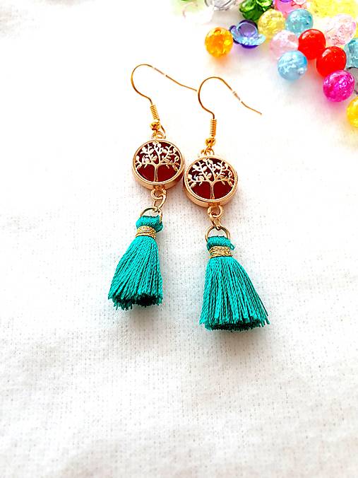 Náušnice - Visiace náušnice Strom života s farebnými strapcami (Zelená) - 16181472_