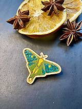 Brošne - Drevená ručne maľovaná brošňa zelený nočný motýľ - 16182099_