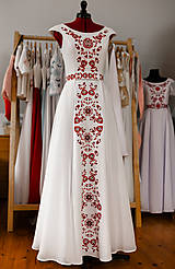 Šaty - Ľanové svadobné šaty s červenou výšivkou - 16189115_