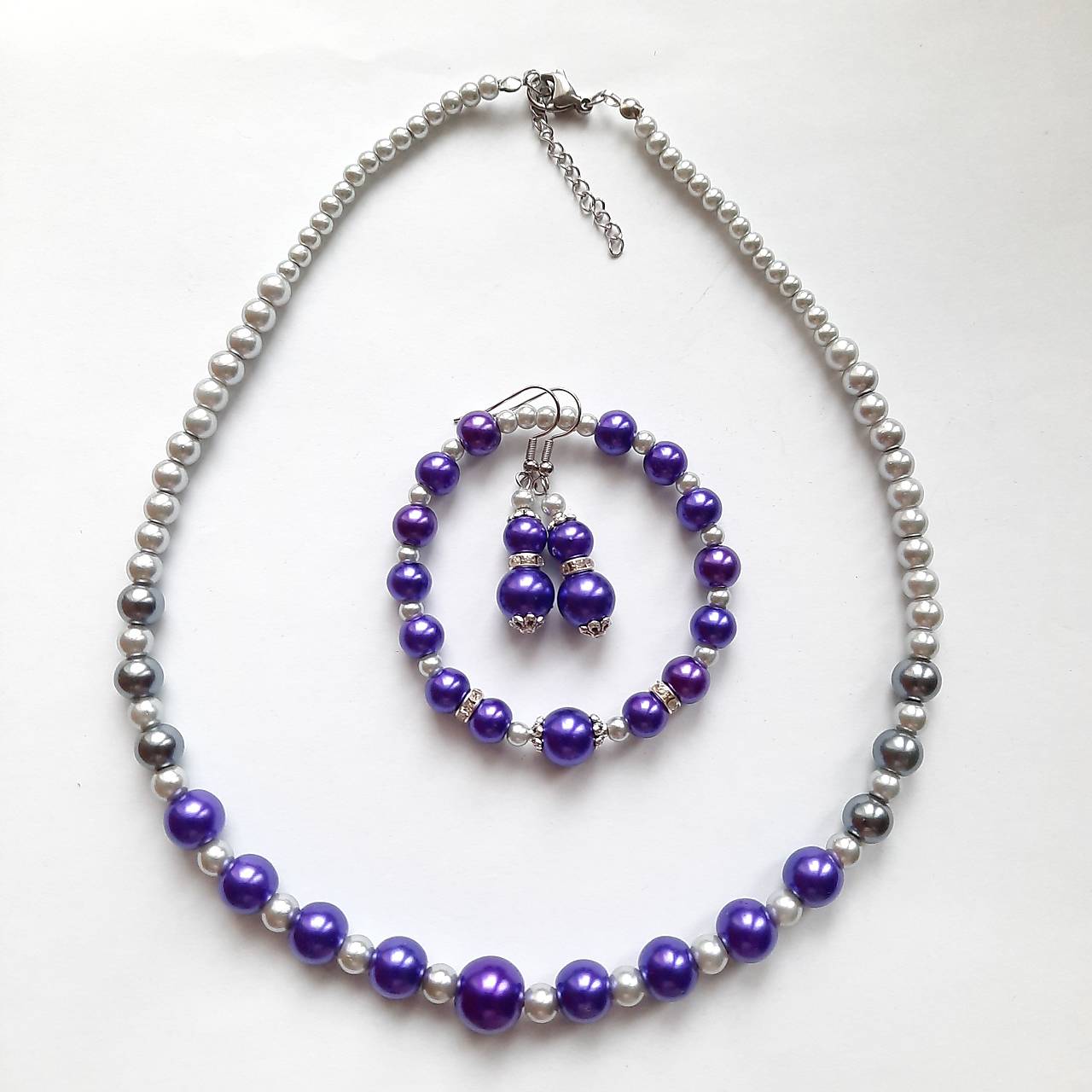 Set-náhrdelník,náušnice a náramok (fialová+šedá)