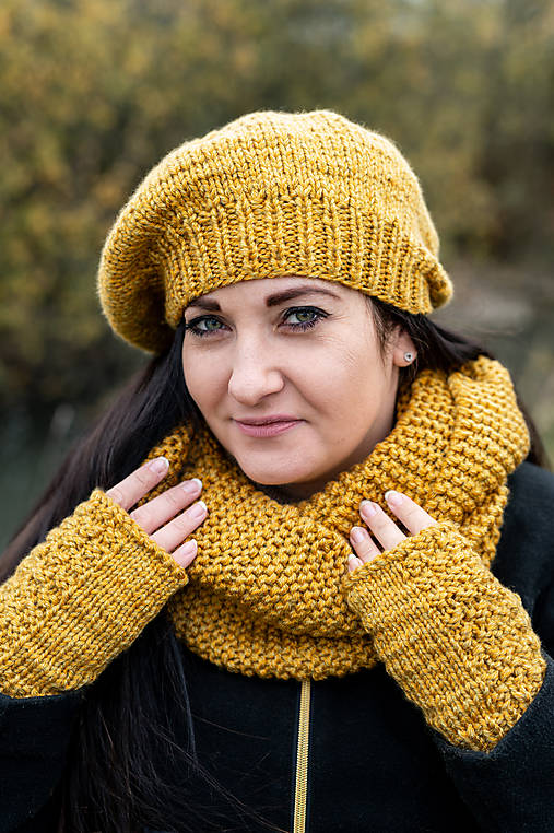 Čiapky, čelenky, klobúky - Set žltý s tvídovým efektom  - 16191149_