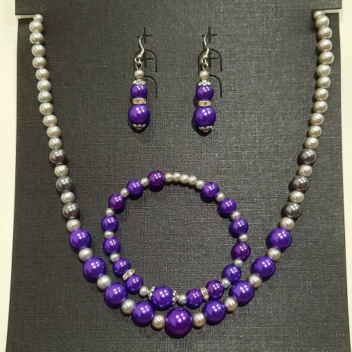 Set-náhrdelník,náušnice a náramok (fialová+šedá)