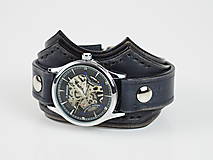 Náramky - Kožené hodinky čierne nesymetrické - 16194094_