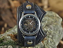 Náramky - Kožené hodinky čierne nesymetrické - 16194099_