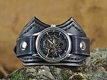 Náramky - Kožené hodinky čierne nesymetrické - 16194100_