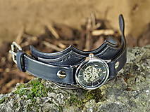 Náramky - Kožené hodinky čierne nesymetrické - 16194102_