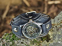 Náramky - Kožené hodinky čierne nesymetrické - 16194103_