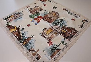 Úžitkový textil - Vianočný obrus,,kostolíky,domčeky..." (60×60cm s čipkou) - 16194920_