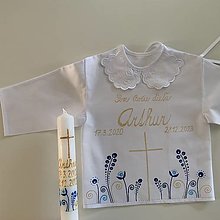 Detské oblečenie - Krstná ručne maľovaná ľudovoladená (košieľka + svieca modrozlatá 2) - 16196205_