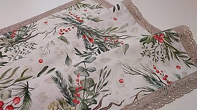 Úžitkový textil - Vianočný obrus,,vetvičky a červené bobuľky" (60×60cm s čipkou) - 16197956_