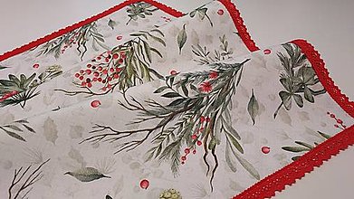 Úžitkový textil - Vianočný obrus,,vetvičky a červené bobuľky" (60×60cm s čipkou) - 16197959_