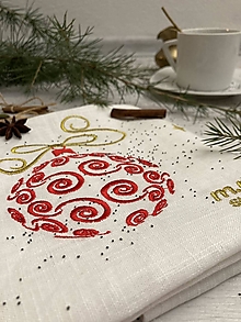 Úžitkový textil - Ľanová utierka Biela ,, Červená Vianočná guľa" - 16203477_