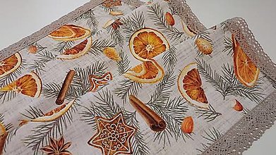 Úžitkový textil - Stredový obrus,,medovníky,pomaranče,škorica" (60×60 cm režnä čipka) - 16209398_