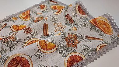 Úžitkový textil - Stredový obrus,,medovníky,pomaranče,škorica" (60×60 cm šedá čipka) - 16209404_
