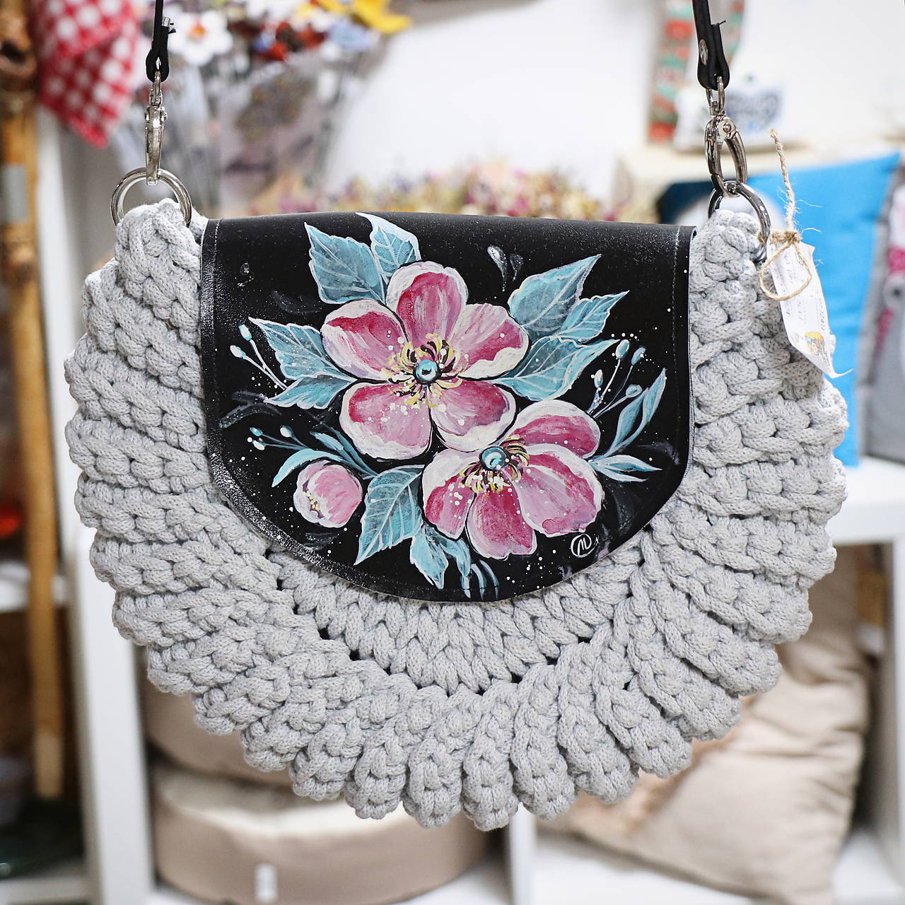 Ručne maľovaná háčkovaná kabelka Kvety
