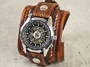 Náramky - Hnedý kožený remienok s hodinkami - 16220224_