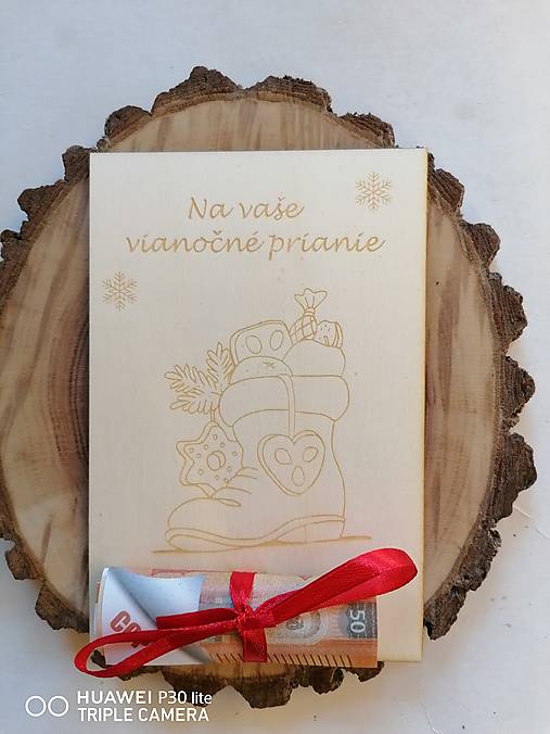 Papiernictvo - Vianočna drevena pohľadnica _čižmička_rôzne farby stuhy - 16219921_